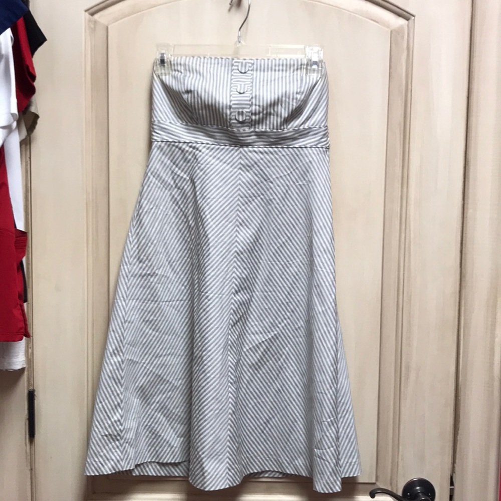 For and flare seersucker navy and white dress